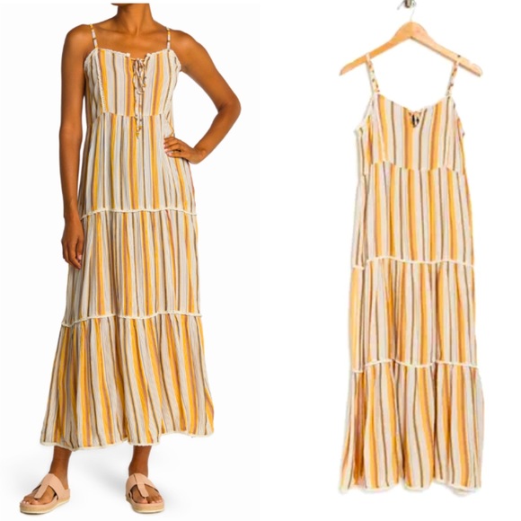 Penna&Pine Dresses & Skirts - Yellow Striped Crochet Tiered Maxi Dress